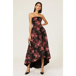 Hutch Floral Hi Low Strapless Maxi Gown Dress Black Pink Jacquard Women's 10